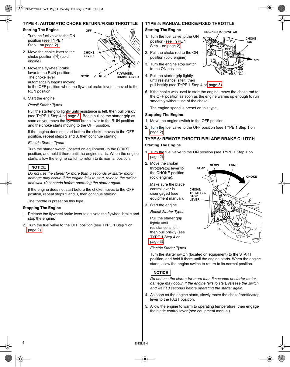 Type 4 (auto choke return/fixed throttle), Type 5 (manual choke/fixed throttle), Type 6 (remote throttle/blade brake clutch) | HONDA GCV190 User Manual | Page 4 / 48
