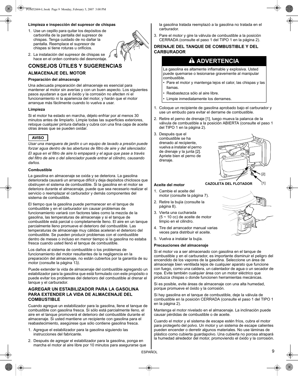 Advertencia, Consejos útiles y sugerencias | HONDA GCV190 User Manual | Page 41 / 48