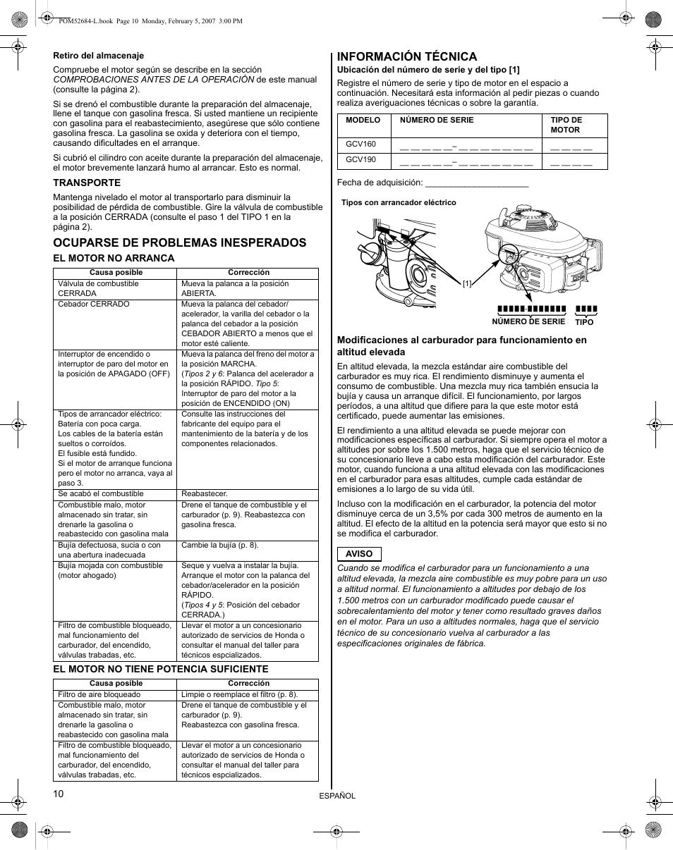 Ocuparse de problemas inesperados, Información técnica | HONDA GCV190 User Manual | Page 42 / 48