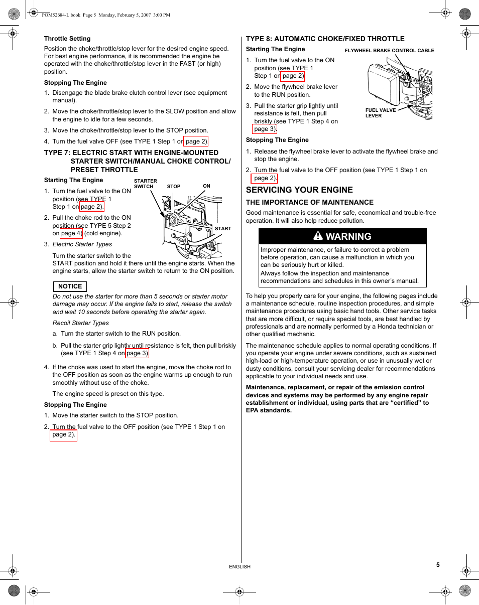 Type 8 auto choke/fixed throttle, Servicing your engine, The importance of maintenance | Warning | HONDA GCV190 User Manual | Page 5 / 48