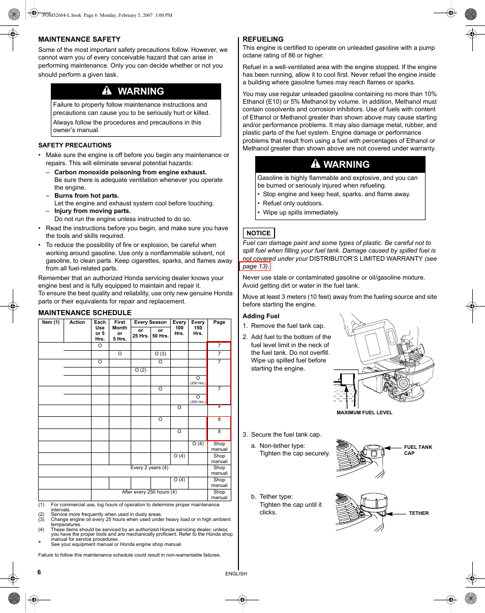 Maintenance safety, Maintenance schedule, Refueling | Warning | HONDA GCV190 User Manual | Page 6 / 48