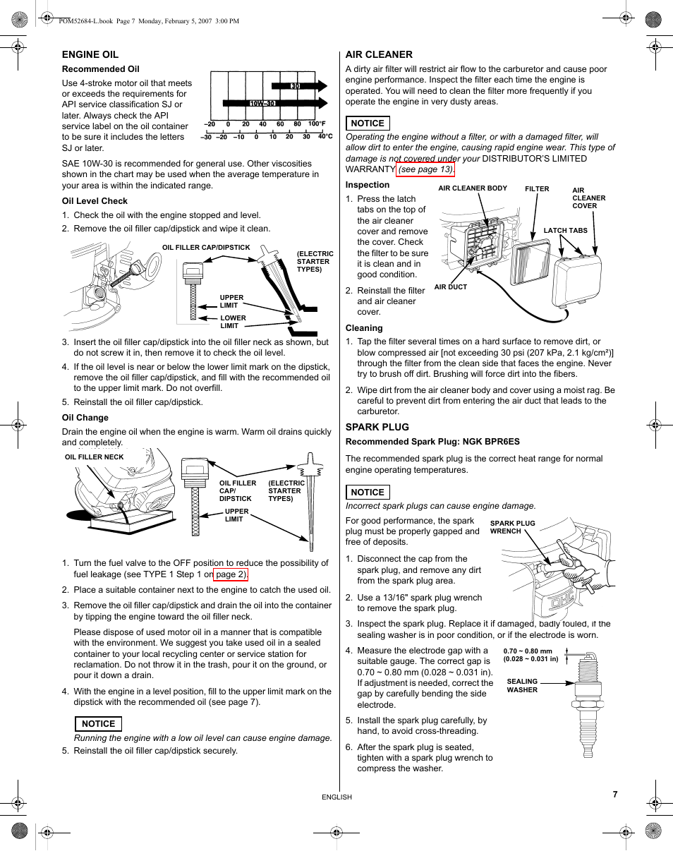 Engine oil, Air cleaner, Spark plug | HONDA GCV190 User Manual | Page 7 / 48