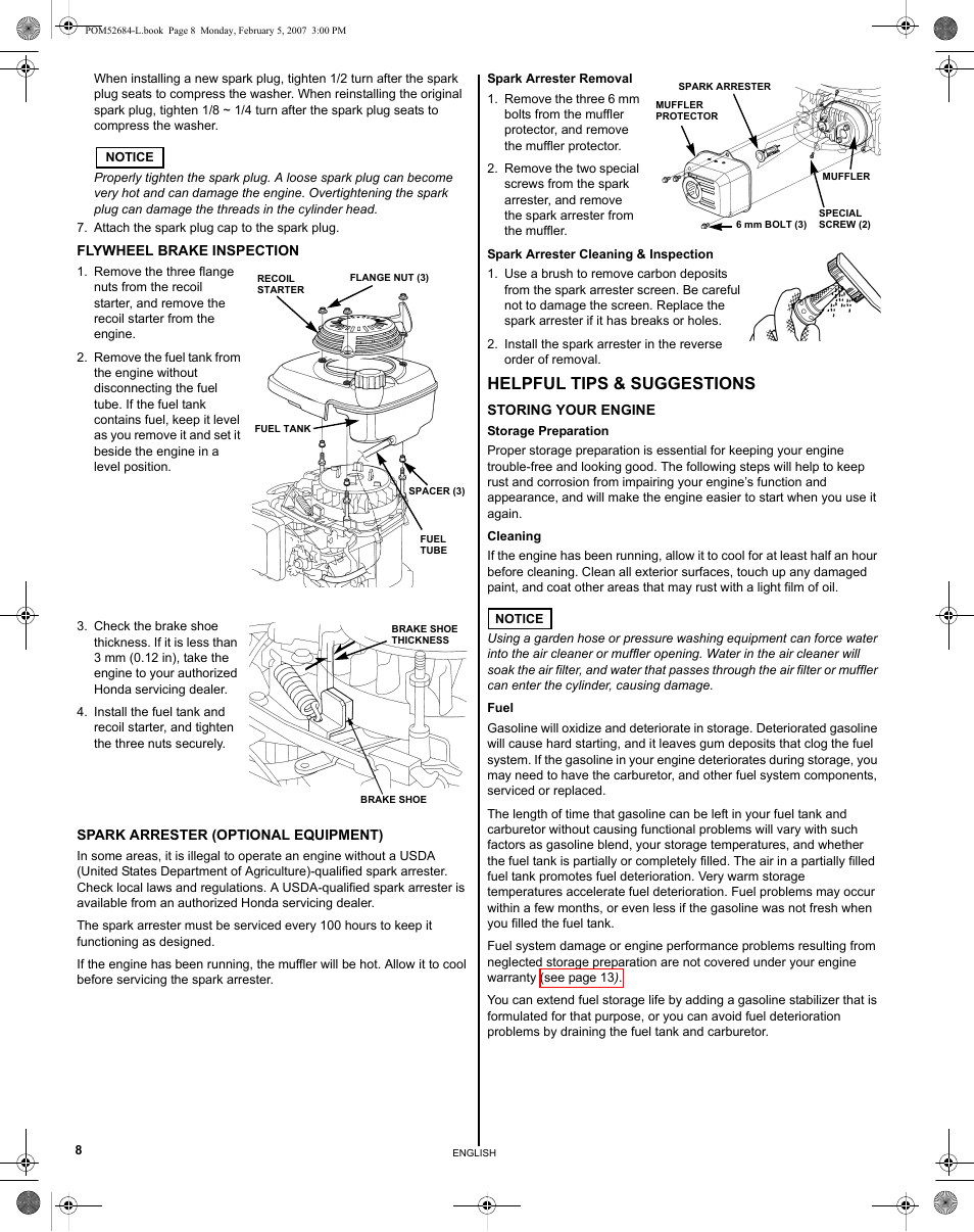 Flywheel brake inspection, Spark arrester (optional equipment), Helpful tips & suggestions | Storing your engine | HONDA GCV190 User Manual | Page 8 / 48