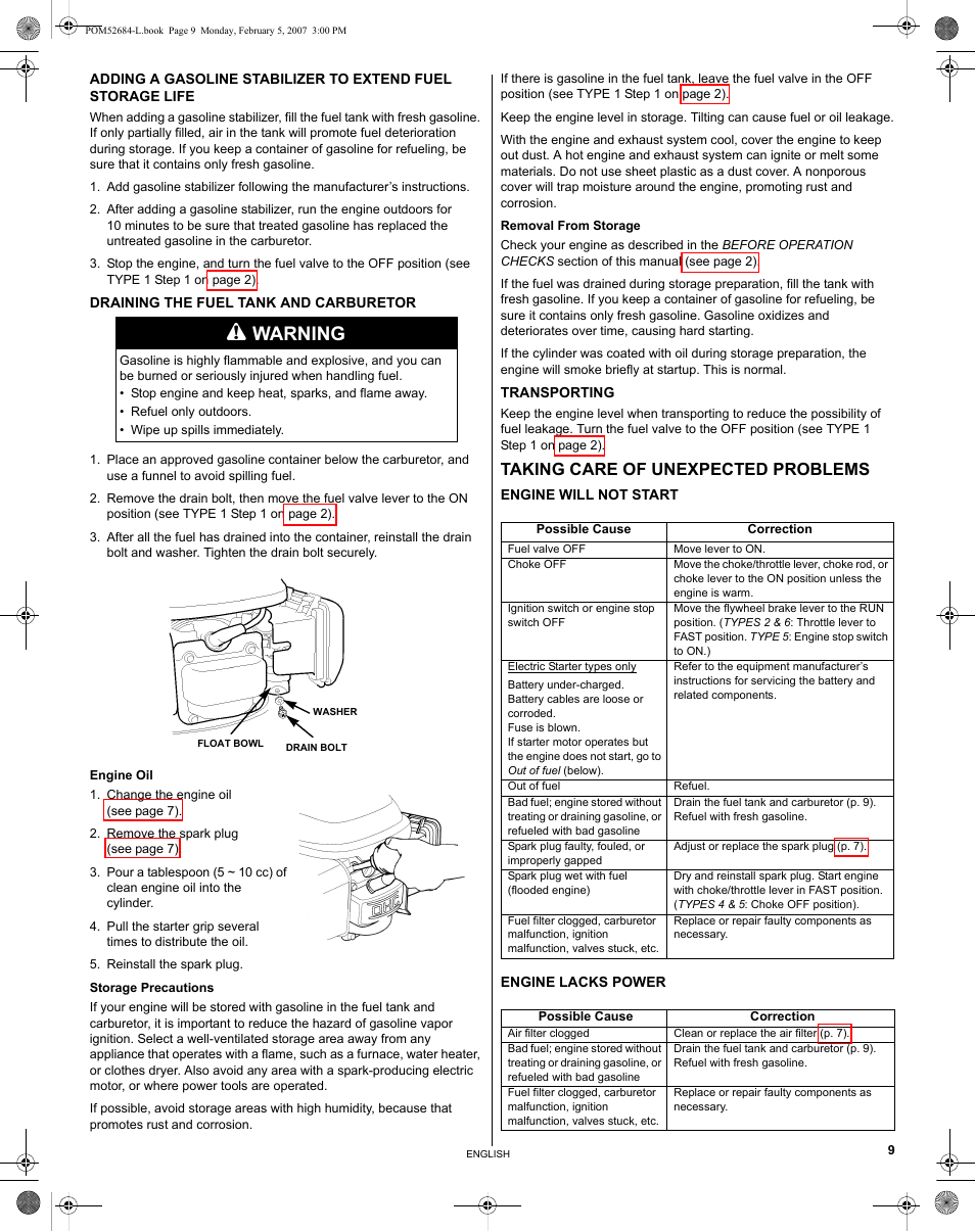 Draining the fuel tank and carburetor, Transporting, Taking care of unexpected problems | Engine will not start, Engine lacks power, Warning | HONDA GCV190 User Manual | Page 9 / 48