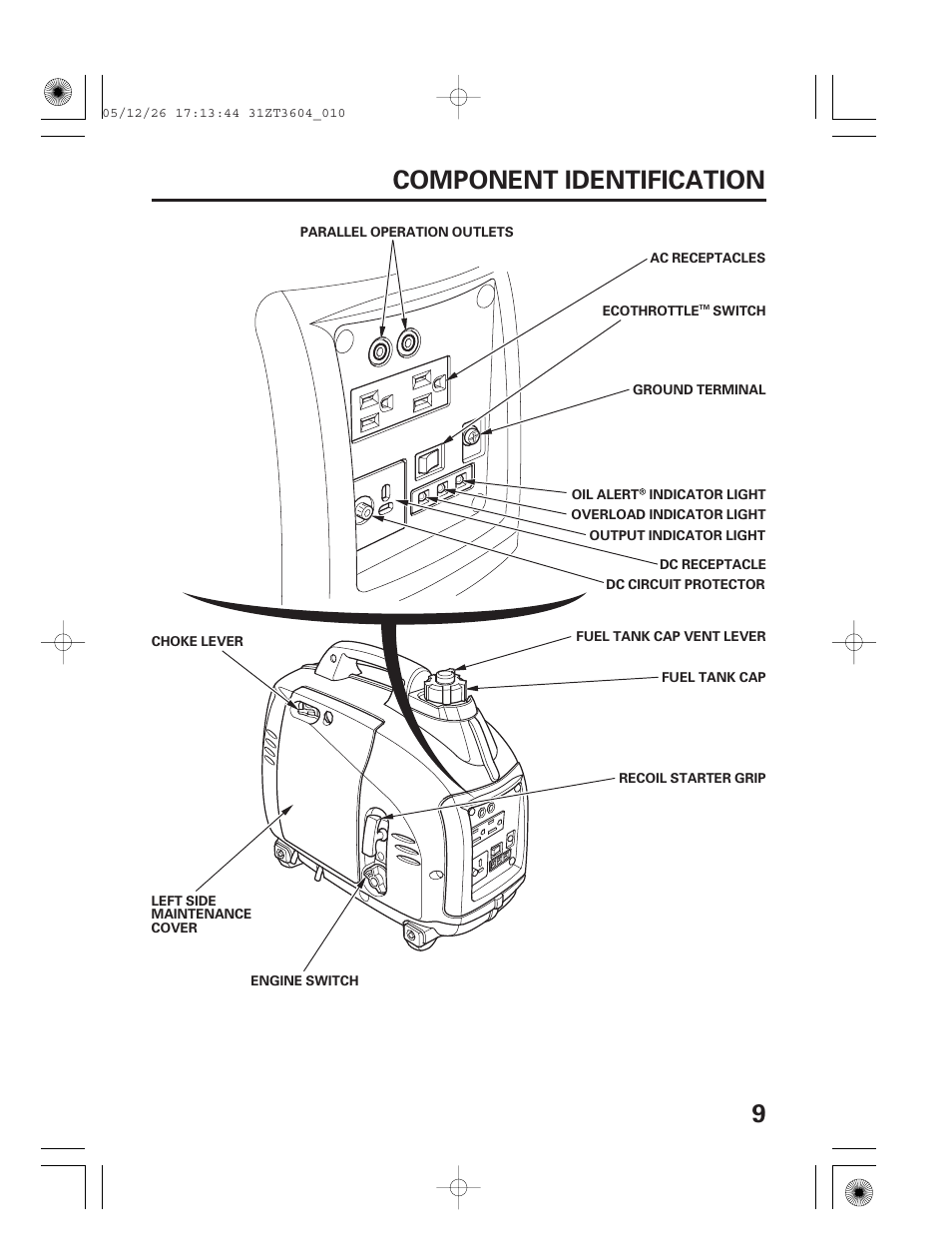 Component identification, 9component identification | HONDA EU1000i User Manual | Page 11 / 71