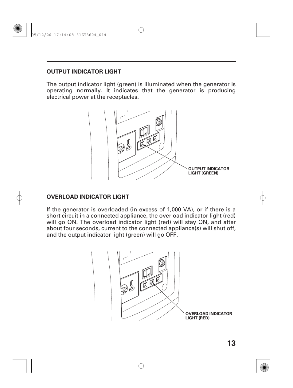 Output indicator light, Overload indicator light | HONDA EU1000i User Manual | Page 15 / 71