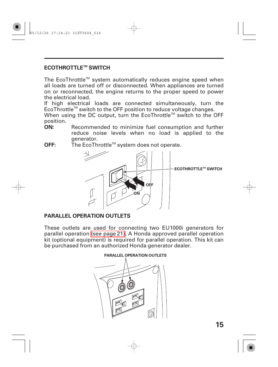 Ecothrottle™ switch, Parallel operation outlets | HONDA EU1000i User Manual | Page 17 / 71