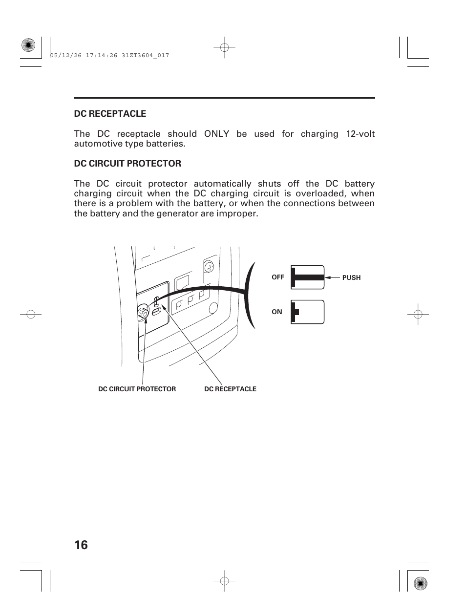 Dc receptacle, Dc circuit protector | HONDA EU1000i User Manual | Page 18 / 71