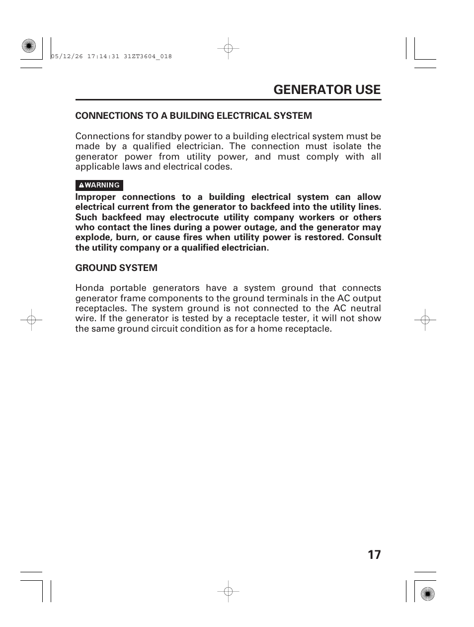 Generator use, Connections to a building electrical system, Ground system | 17 generator use | HONDA EU1000i User Manual | Page 19 / 71