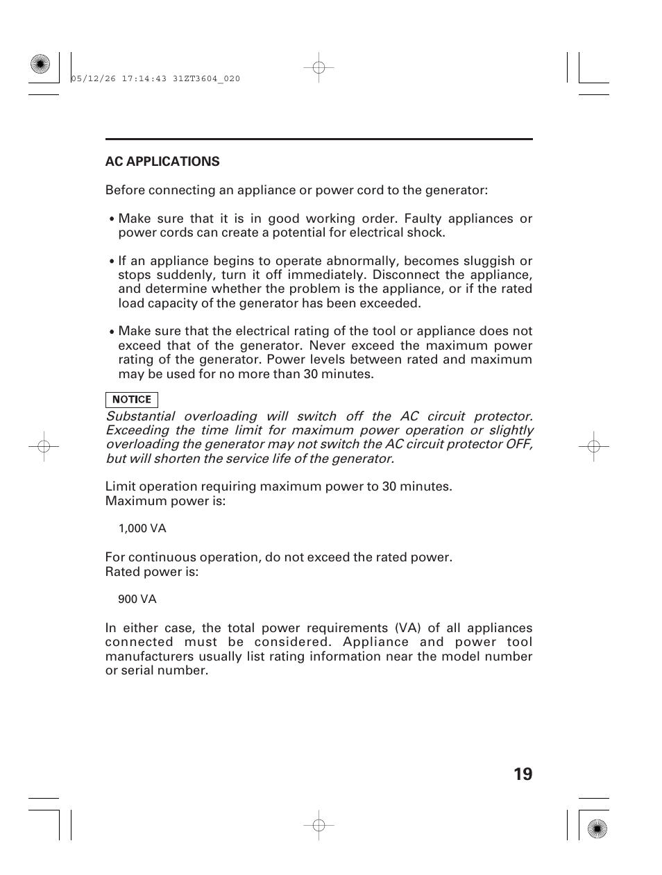 Ac applications | HONDA EU1000i User Manual | Page 21 / 71