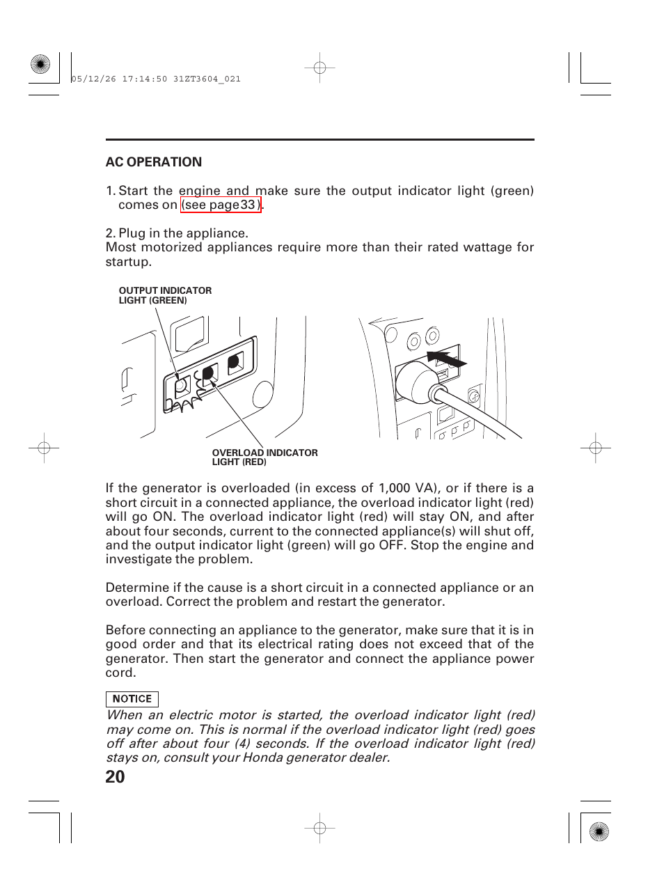 Ac operation | HONDA EU1000i User Manual | Page 22 / 71