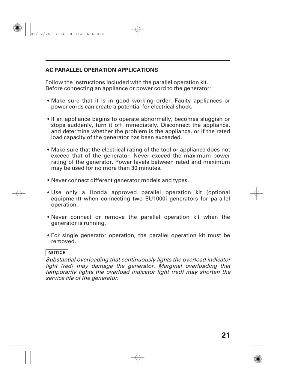 Ac parallel operation applications | HONDA EU1000i User Manual | Page 23 / 71