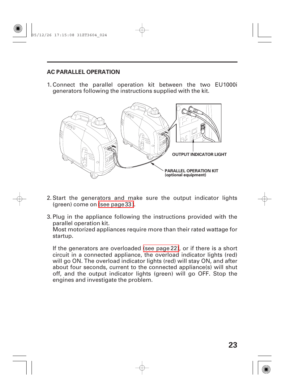 Ac parallel operation | HONDA EU1000i User Manual | Page 25 / 71
