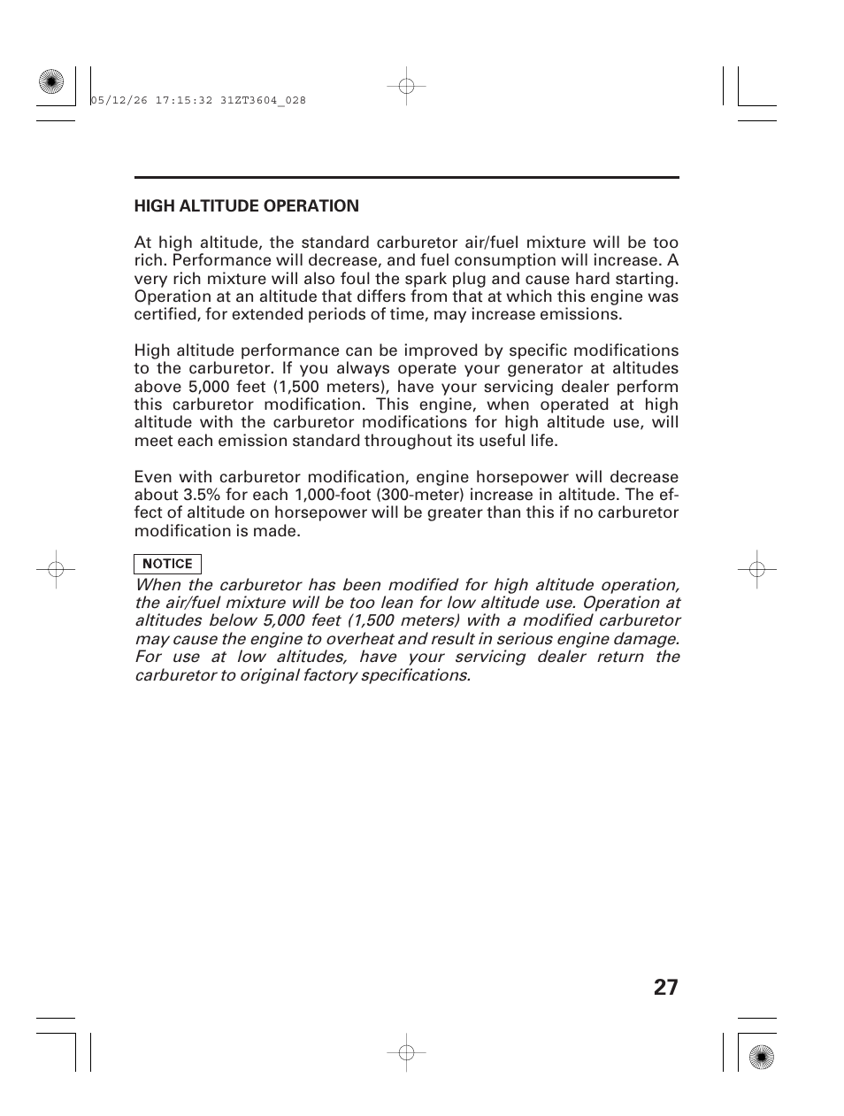 High altitude operation | HONDA EU1000i User Manual | Page 29 / 71