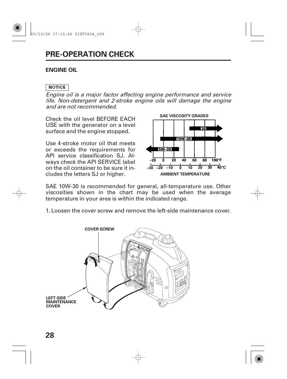 Pre-operation check, Engine oil, 28 pre-operation check | HONDA EU1000i User Manual | Page 30 / 71
