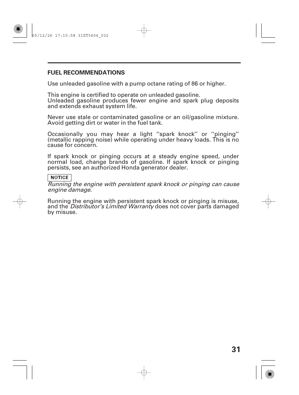 Fuel recommendations | HONDA EU1000i User Manual | Page 33 / 71