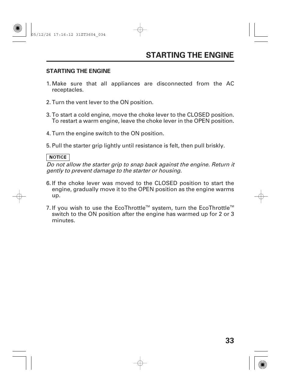 Starting the engine, 33 starting the engine | HONDA EU1000i User Manual | Page 35 / 71