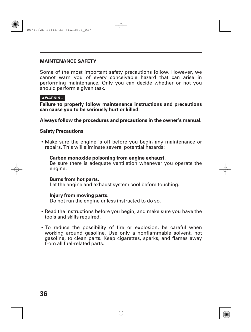 Maintenance safety | HONDA EU1000i User Manual | Page 38 / 71