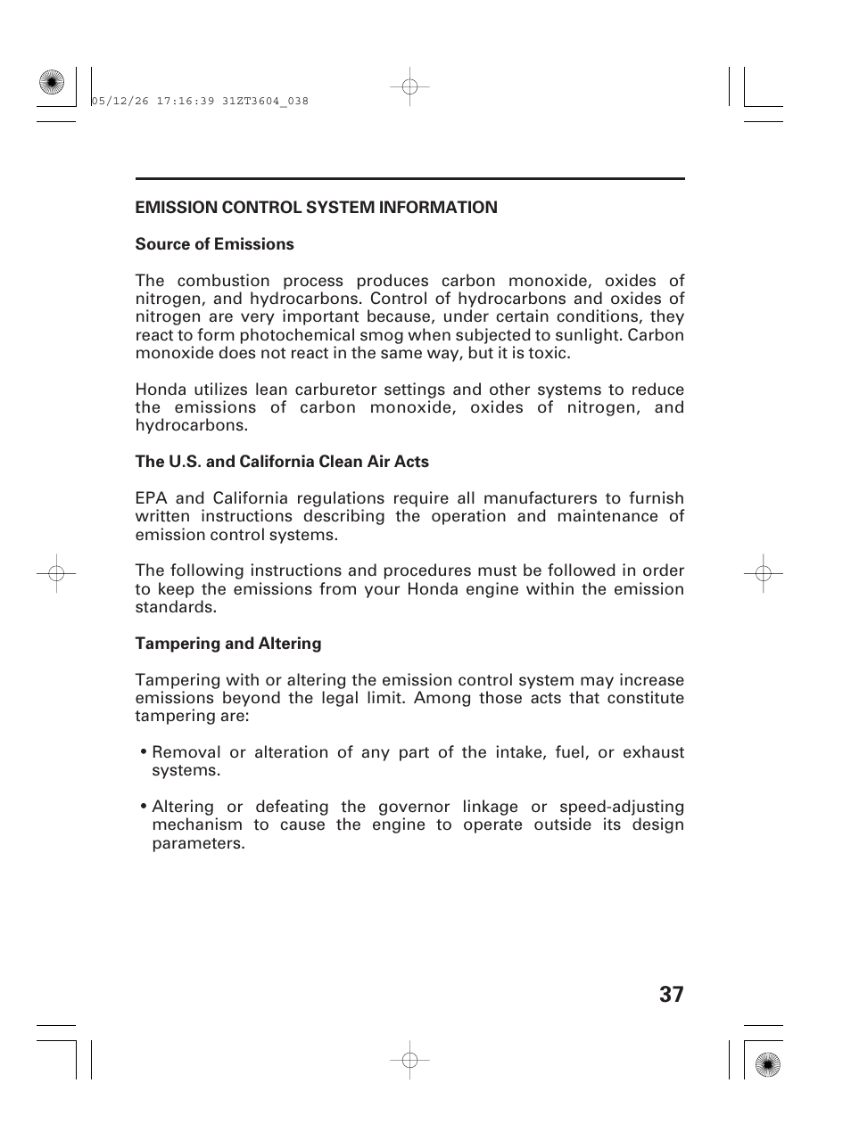 Emission control system information | HONDA EU1000i User Manual | Page 39 / 71