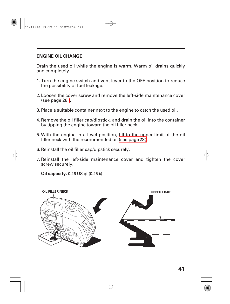 Engine oil change | HONDA EU1000i User Manual | Page 43 / 71