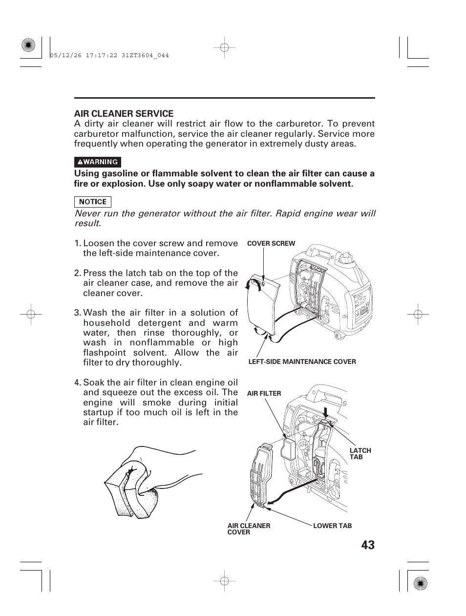 Air cleaner service | HONDA EU1000i User Manual | Page 45 / 71