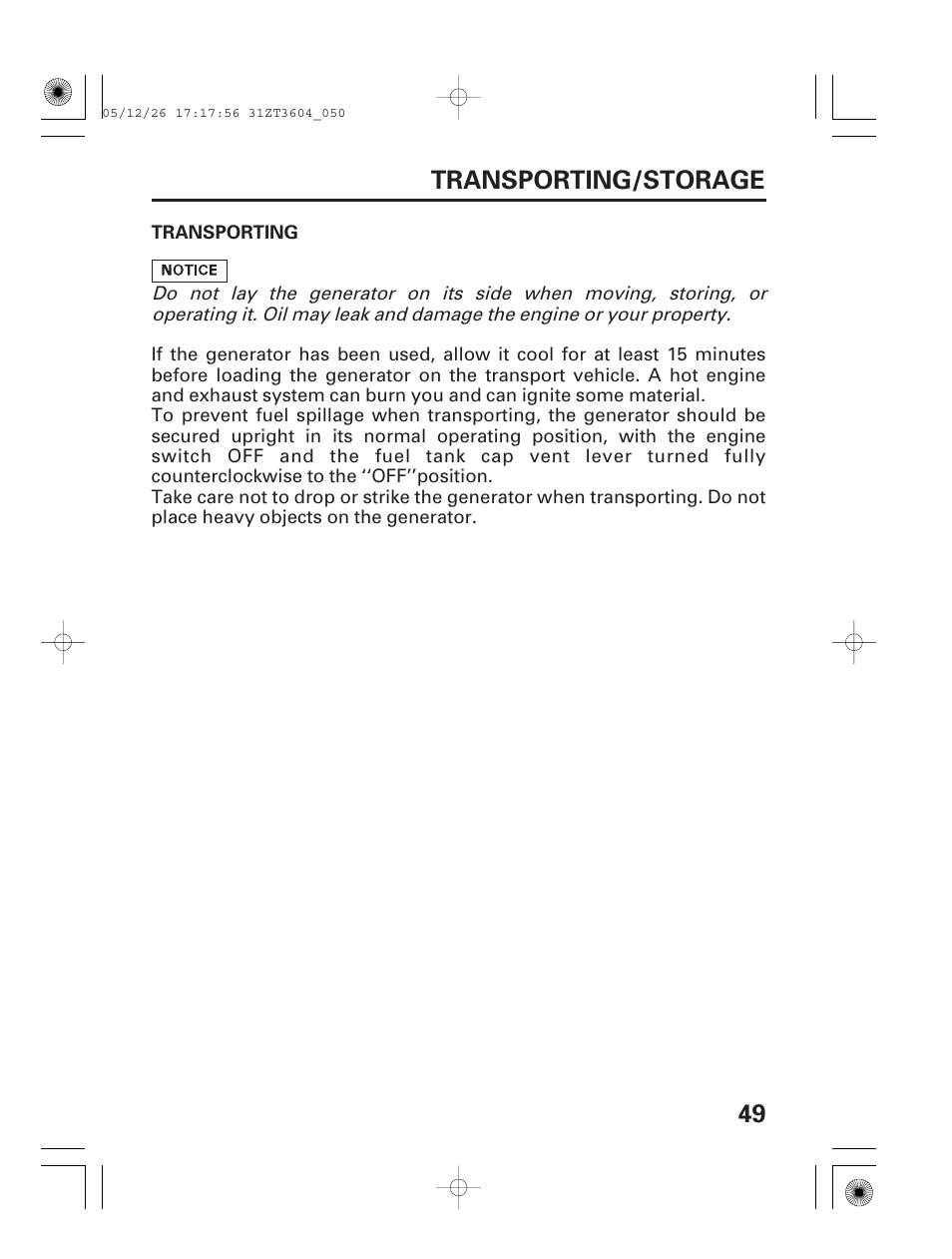 Transporting/storage, Transporting, 49 transporting/storage | HONDA EU1000i User Manual | Page 51 / 71