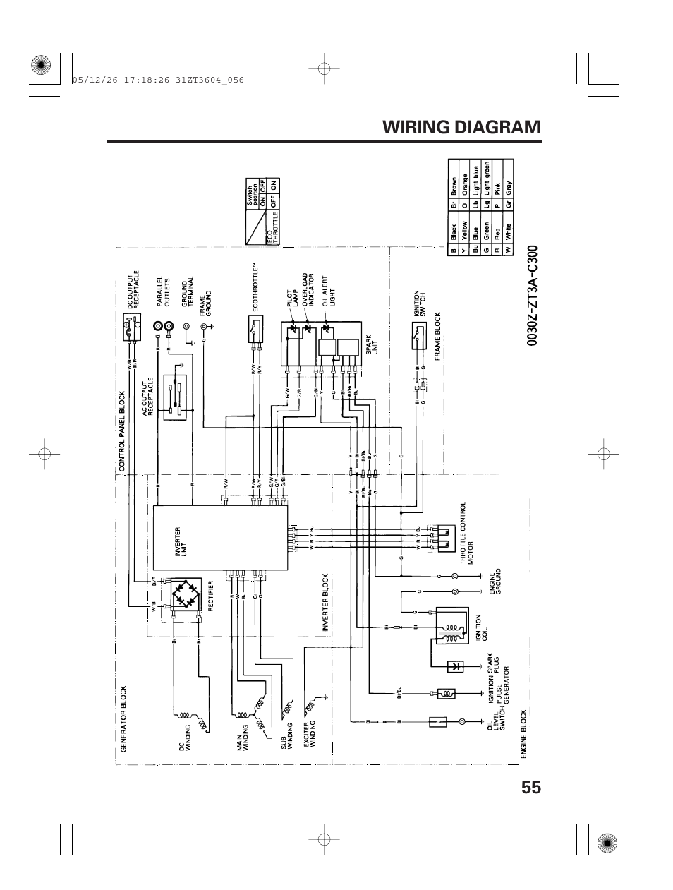 Wiring diagram, 55 wiring diagram | HONDA EU1000i User Manual | Page 57 / 71