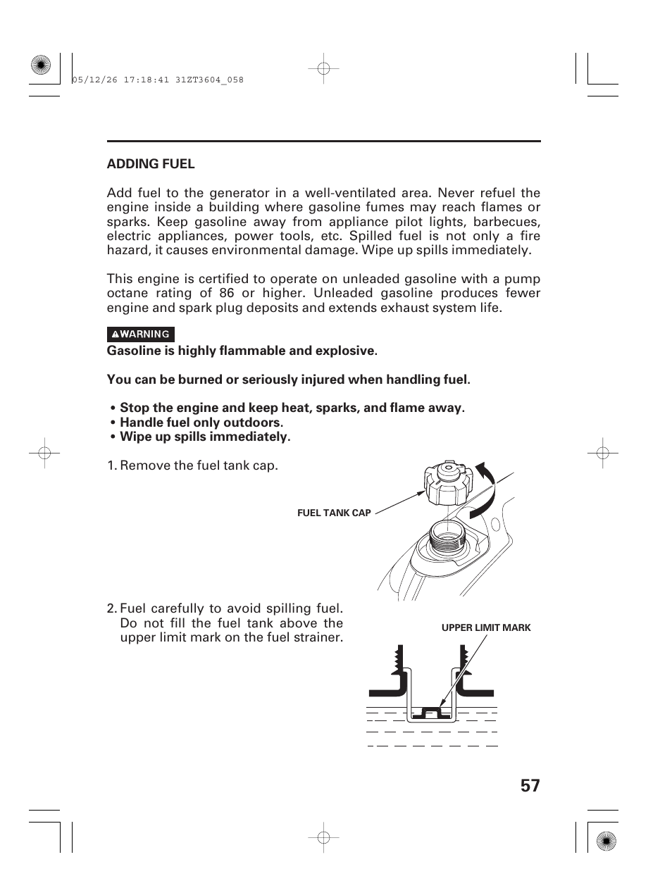 Adding fuel | HONDA EU1000i User Manual | Page 59 / 71