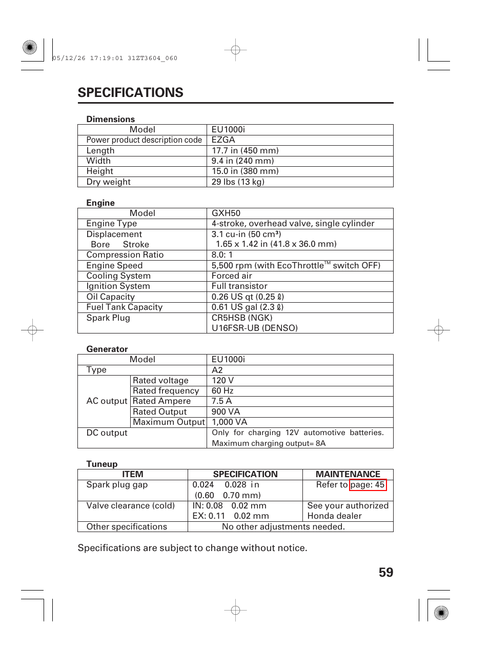 Specifications, 59 specifications | HONDA EU1000i User Manual | Page 61 / 71