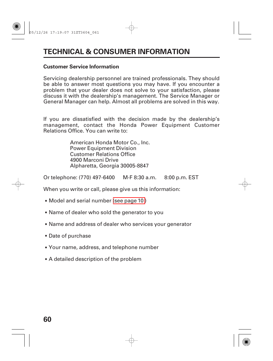 Technical & consumer information, Customer service information, 60 technical & consumer information | HONDA EU1000i User Manual | Page 62 / 71