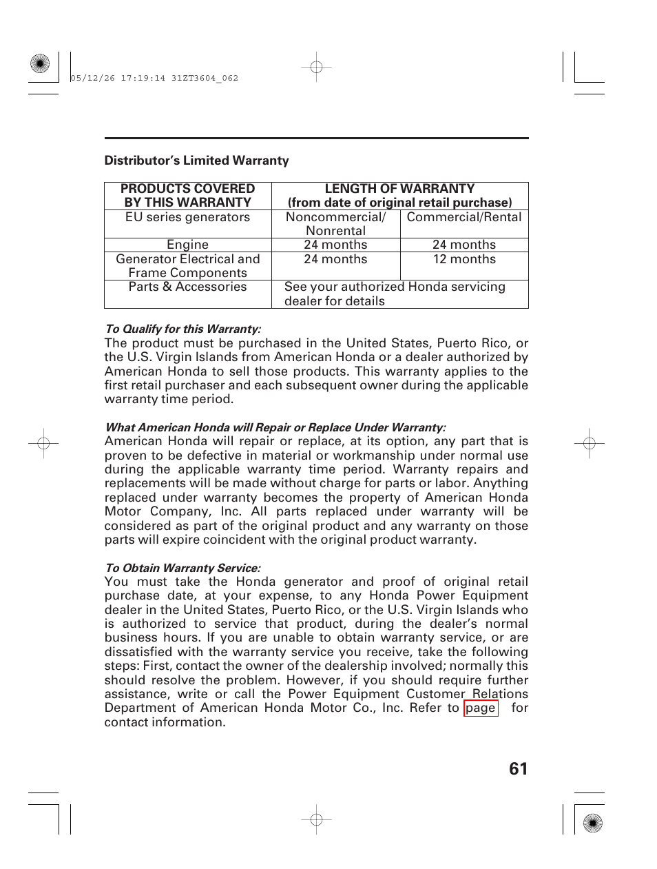 Distributor's limited warranty | HONDA EU1000i User Manual | Page 63 / 71