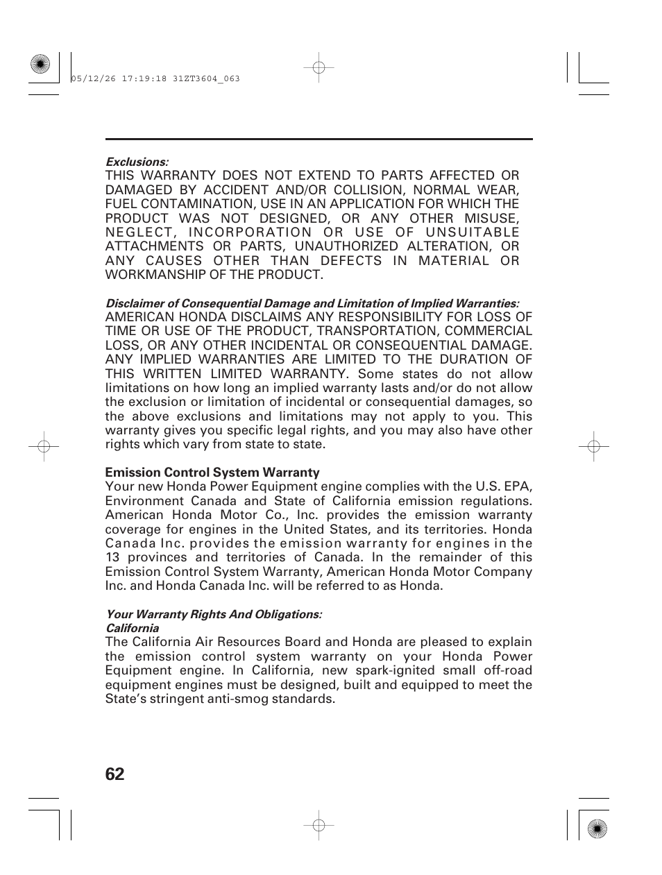 Emission control system warranty | HONDA EU1000i User Manual | Page 64 / 71