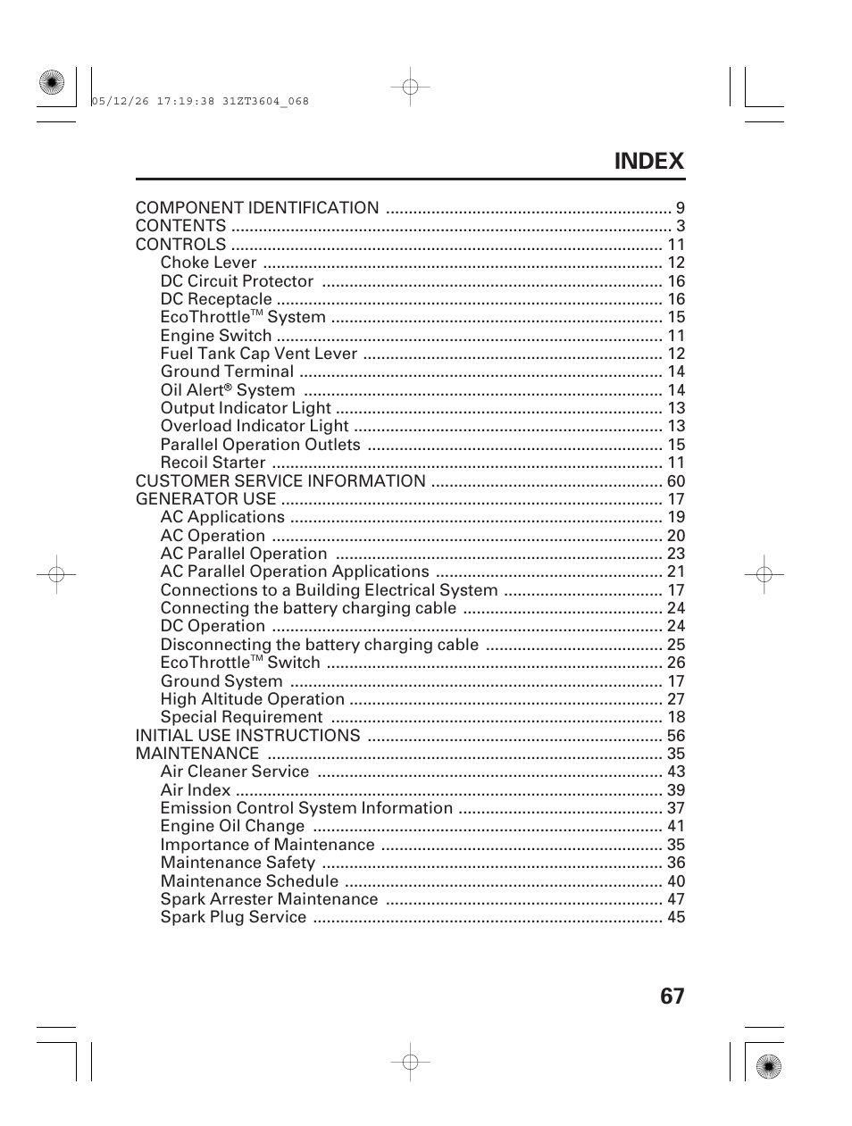 Index, 67 index | HONDA EU1000i User Manual | Page 69 / 71