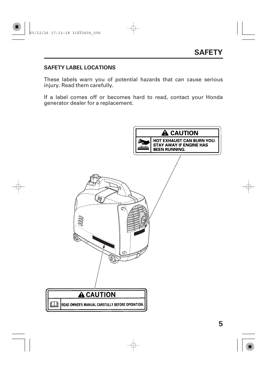 Safety, Safety label locations, 5safety | HONDA EU1000i User Manual | Page 7 / 71