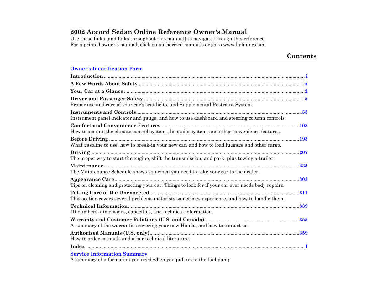 HONDA 2002 Accord Sedan User Manual | 1 page