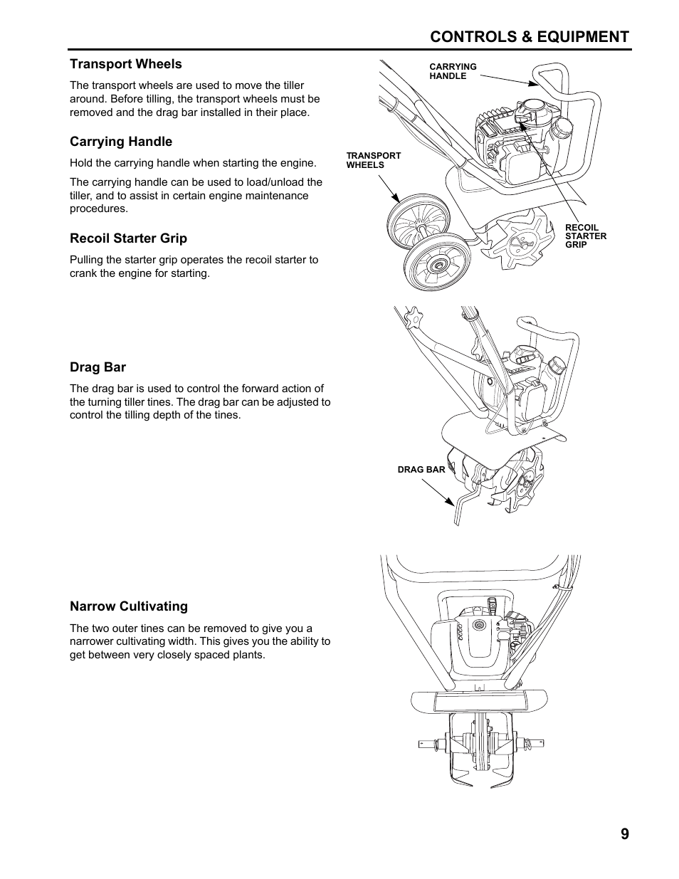Transport wheels, Carrying handle, Recoil starter grip | Drag bar, Narrow cultivating, Controls & equipment 9 | HONDA FG110 User Manual | Page 11 / 48
