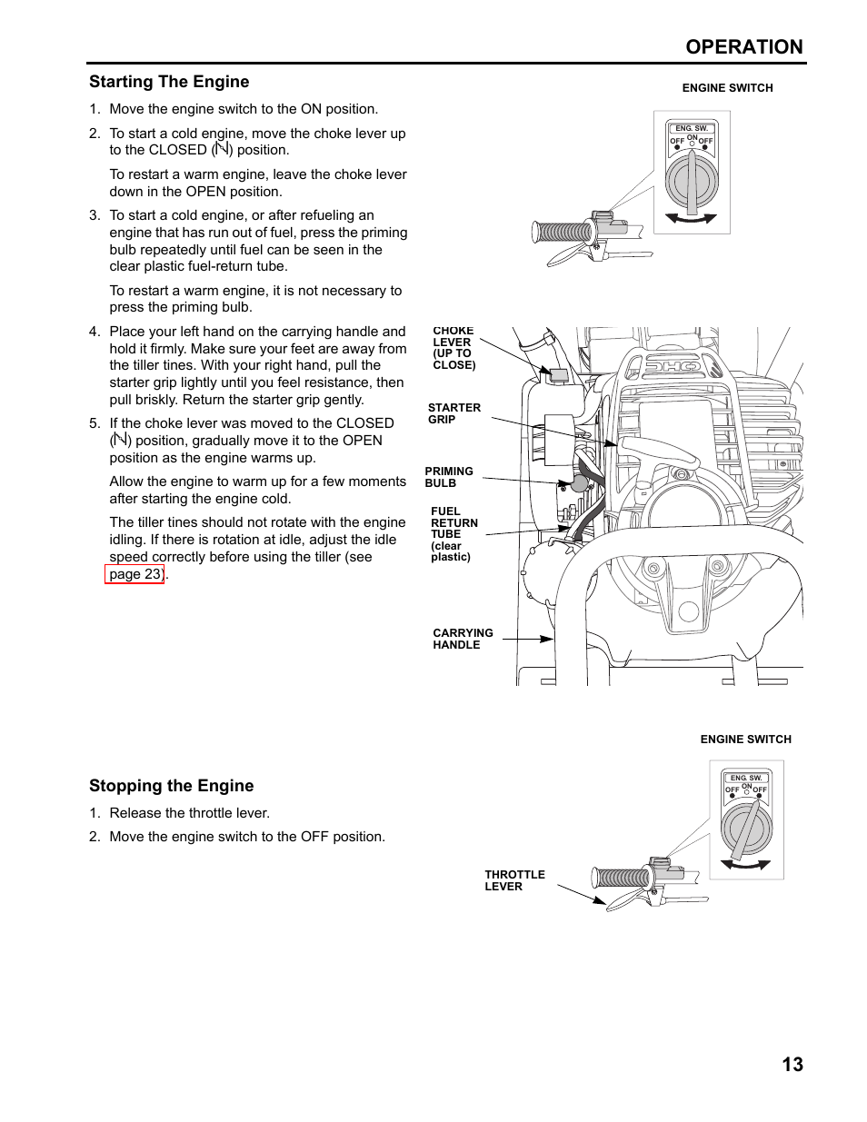 Operation 13, Starting the engine, Stopping the engine | HONDA FG110 User Manual | Page 15 / 48
