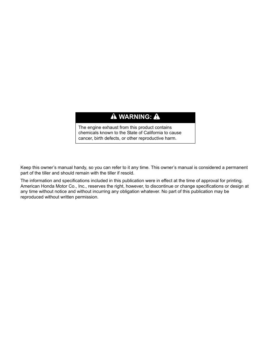 Warning | HONDA FG110 User Manual | Page 2 / 48