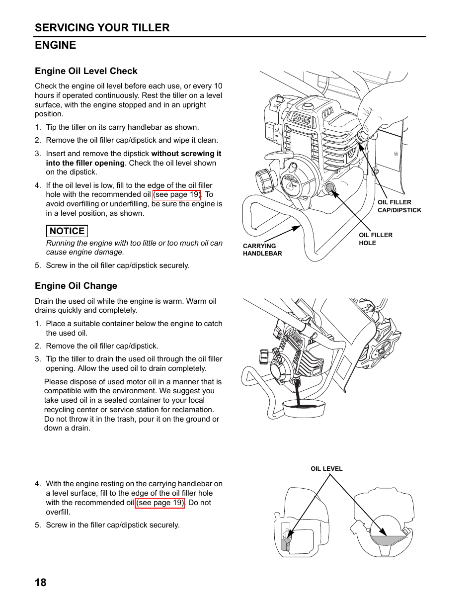 Engine, Engine oil level check, Engine oil change | 18 servicing your tiller engine | HONDA FG110 User Manual | Page 20 / 48