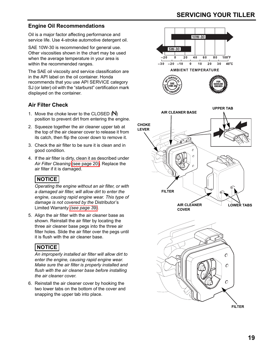 Engine oil recommendations, Air filter check, Servicing your tiller 19 | HONDA FG110 User Manual | Page 21 / 48