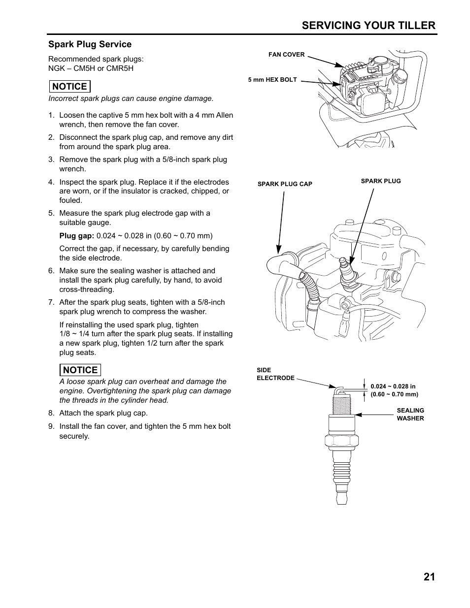 Spark plug service, Servicing your tiller 21 | HONDA FG110 User Manual | Page 23 / 48