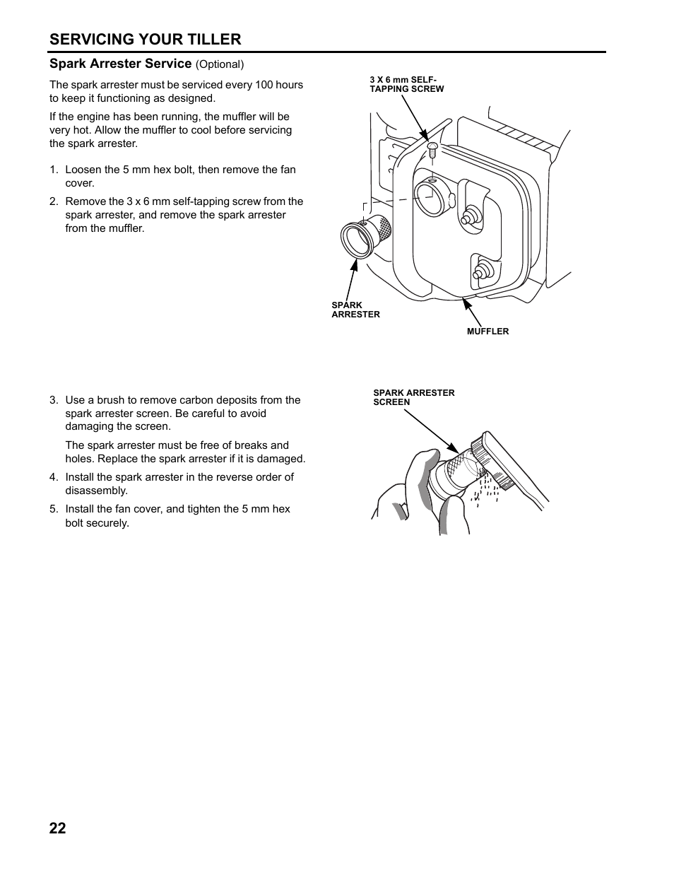 Spark arrester service (optional), 22 servicing your tiller | HONDA FG110 User Manual | Page 24 / 48