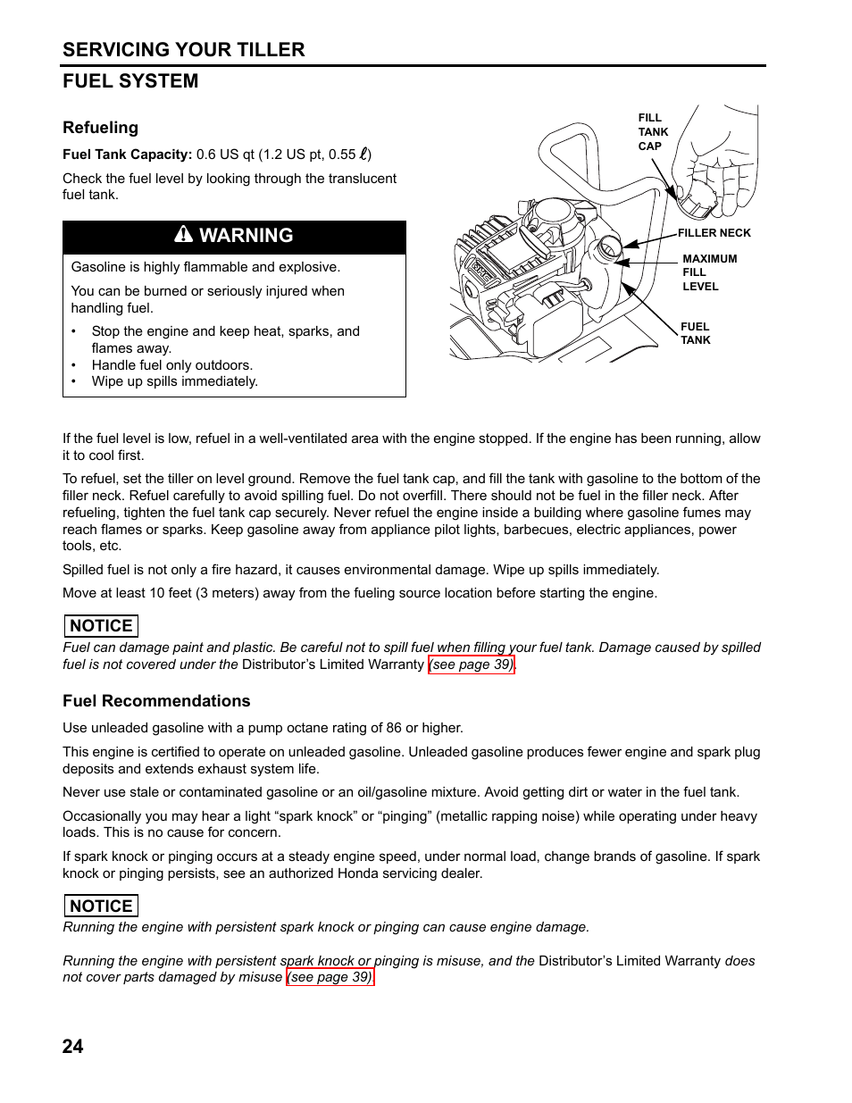 Fuel system, Refueling, Fuel recommendations | 24 servicing your tiller fuel system, Warning | HONDA FG110 User Manual | Page 26 / 48