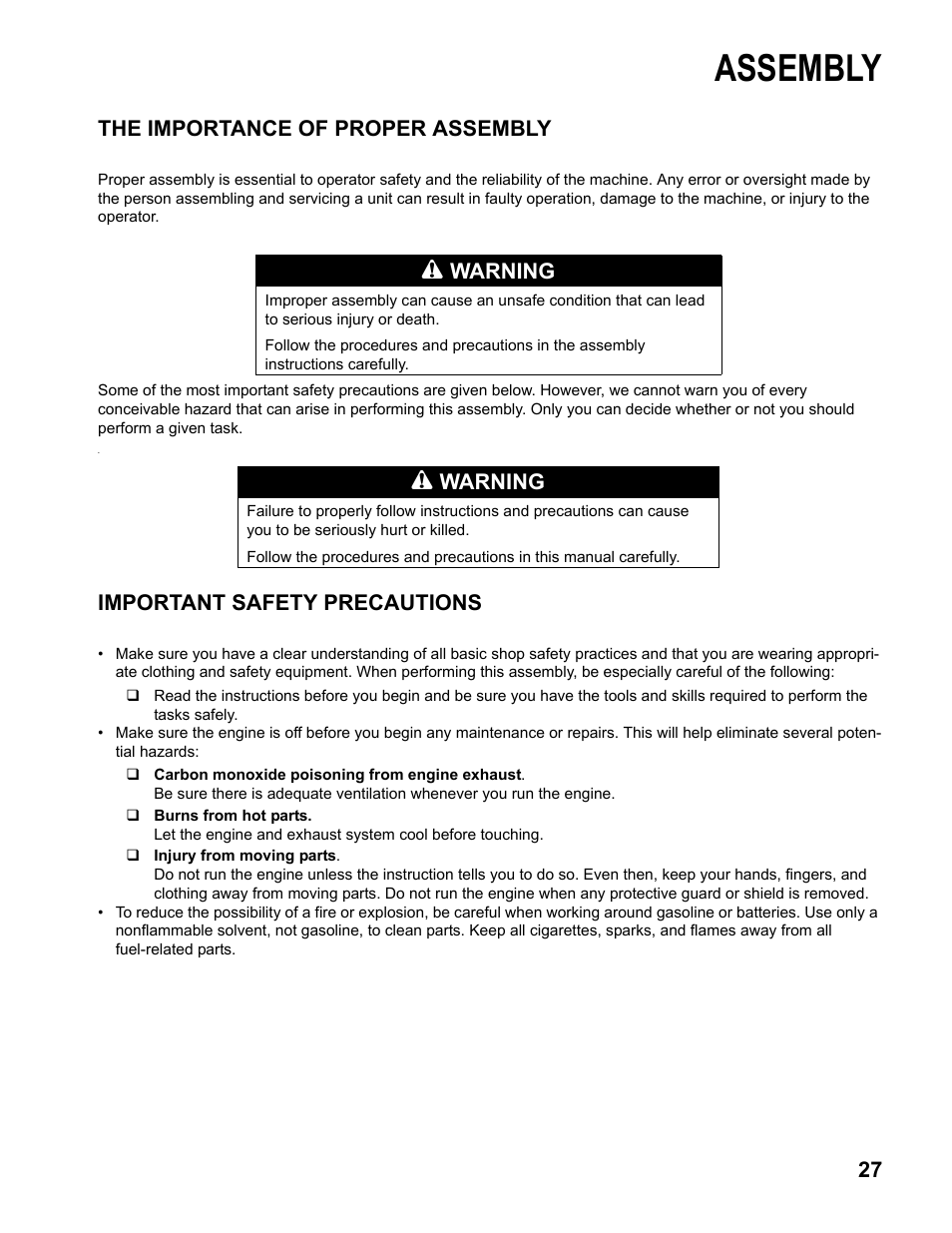 Assembly, The importance of proper assembly, Important safety precautions | Warning | HONDA FG110 User Manual | Page 29 / 48