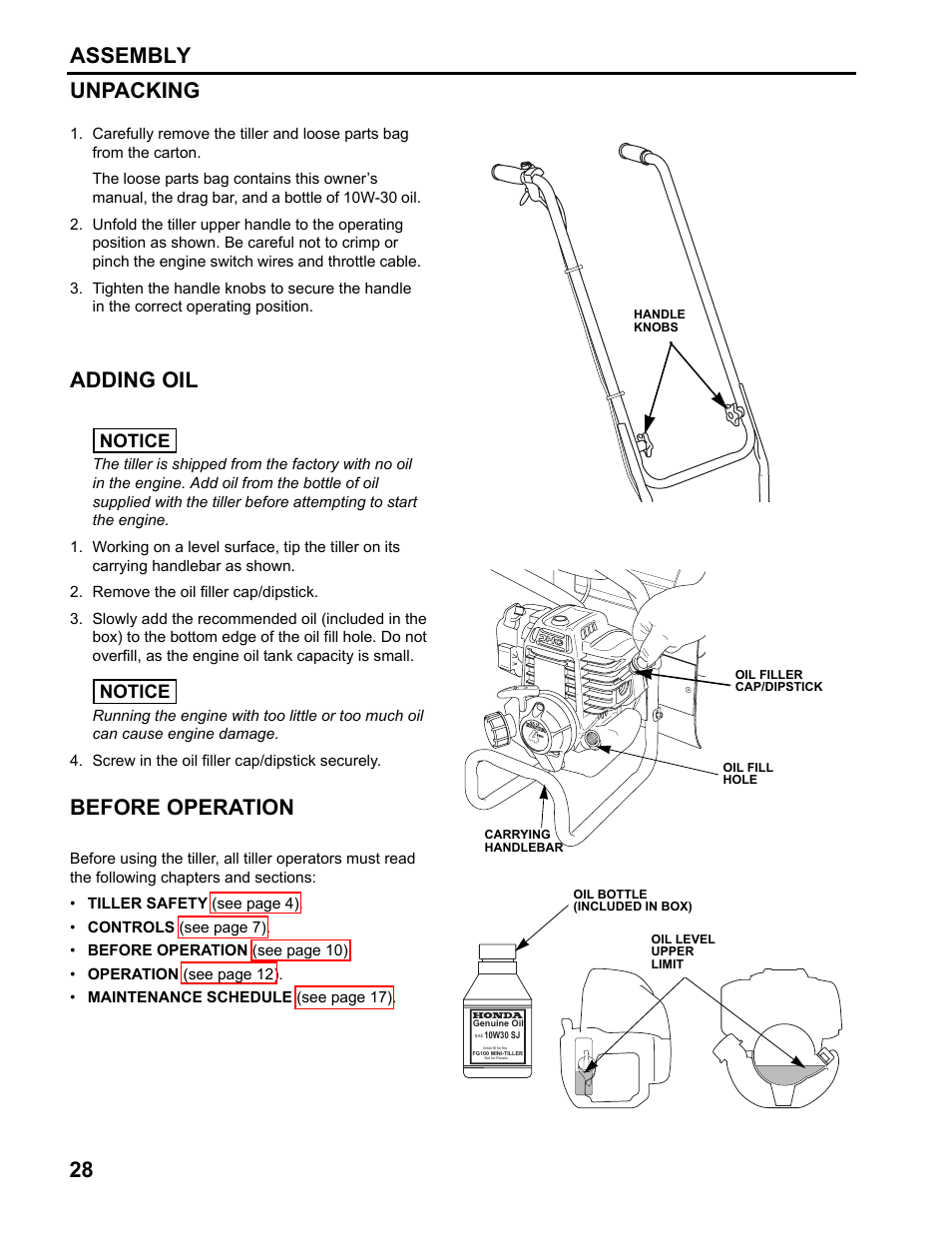 Unpacking, Adding oil, Before operation | 28 assembly unpacking, Notice | HONDA FG110 User Manual | Page 30 / 48