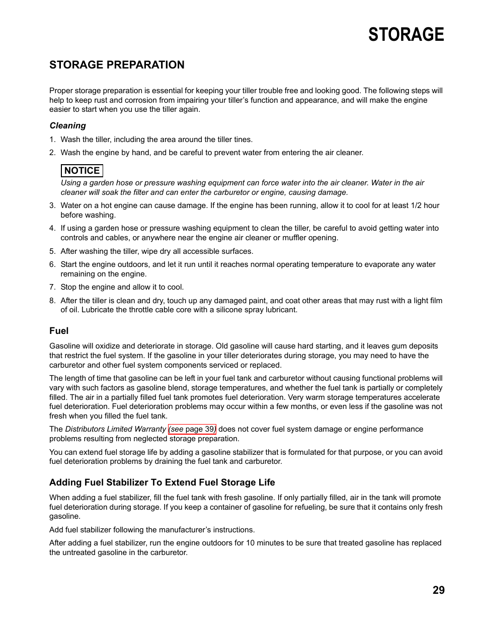 Storage, Storage preparation | HONDA FG110 User Manual | Page 31 / 48