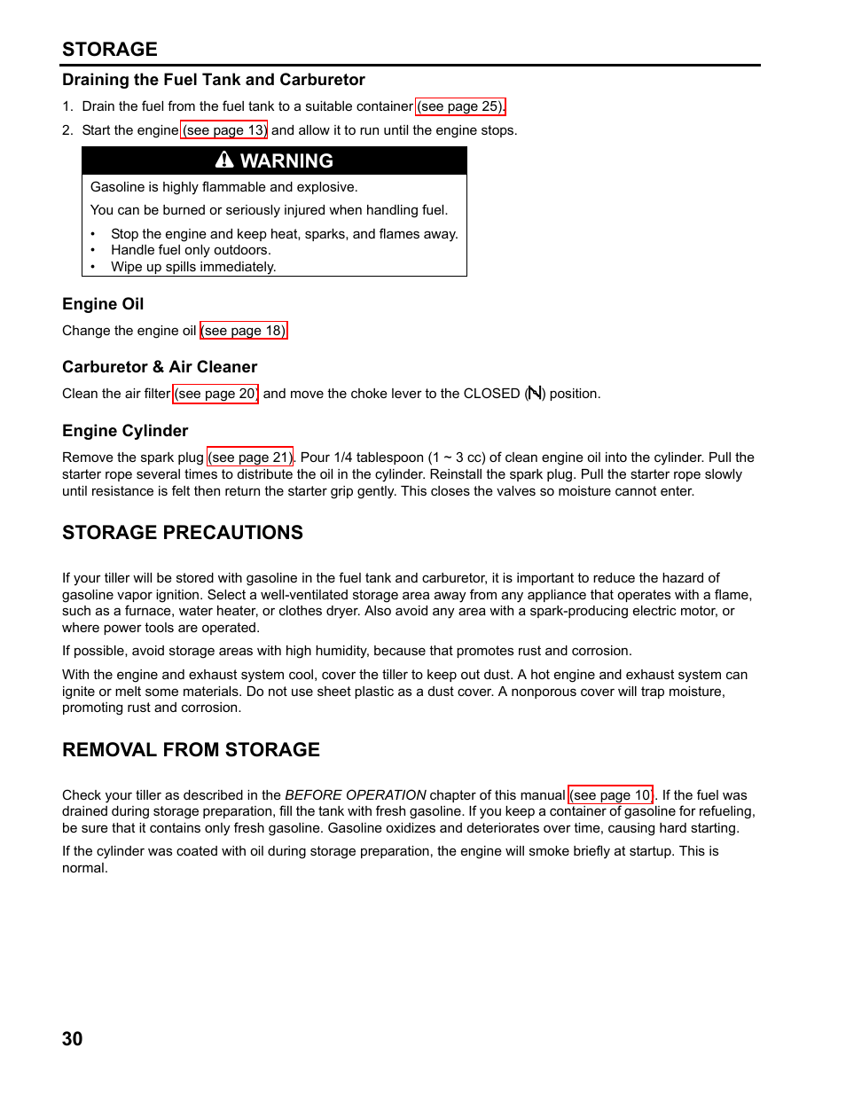 Storage precautions, Removal from storage, 30 storage | Warning | HONDA FG110 User Manual | Page 32 / 48