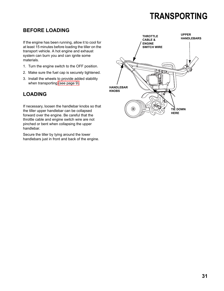 Transporting, Before loading, Loading | HONDA FG110 User Manual | Page 33 / 48