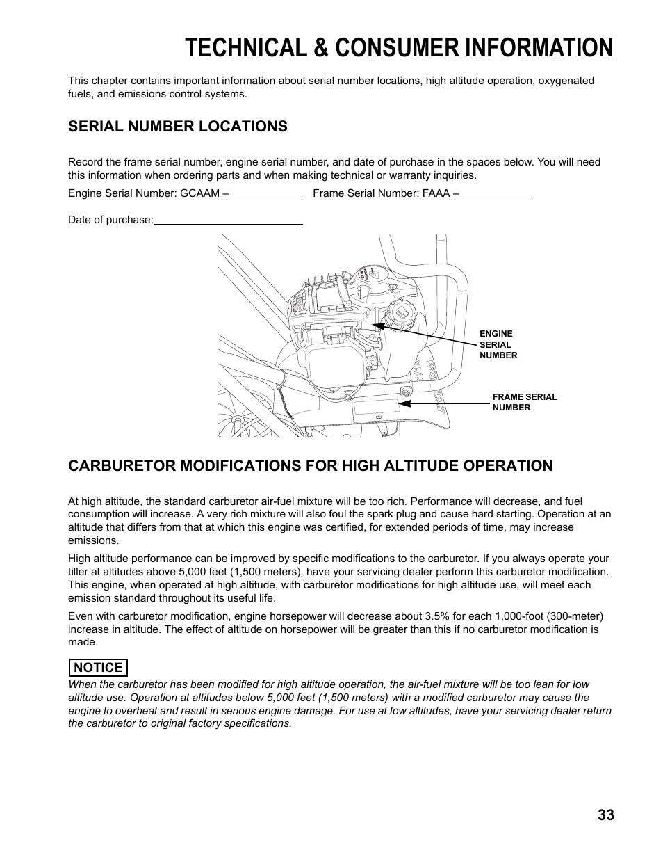 Technical & consumer information, Technical information, Serial number locations | HONDA FG110 User Manual | Page 35 / 48