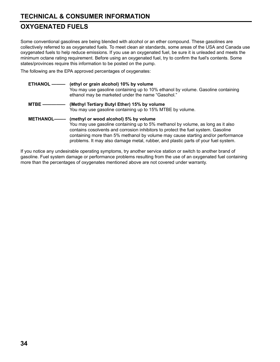Oxygenated fuels | HONDA FG110 User Manual | Page 36 / 48